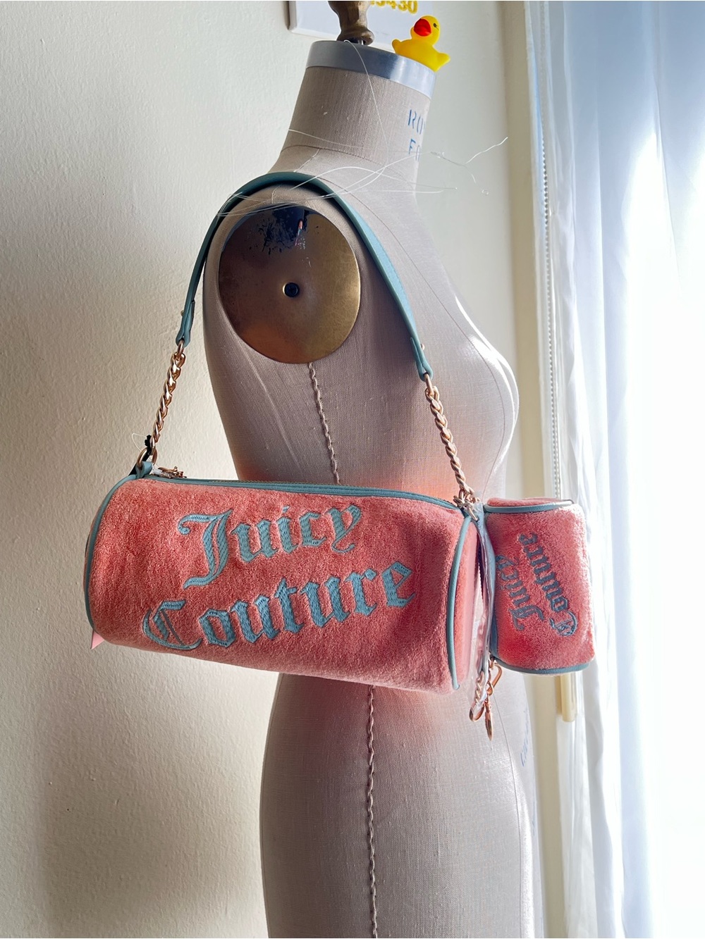 NWT Juicy Couture Coral Pink Terry Barrel Bag with Pouch set